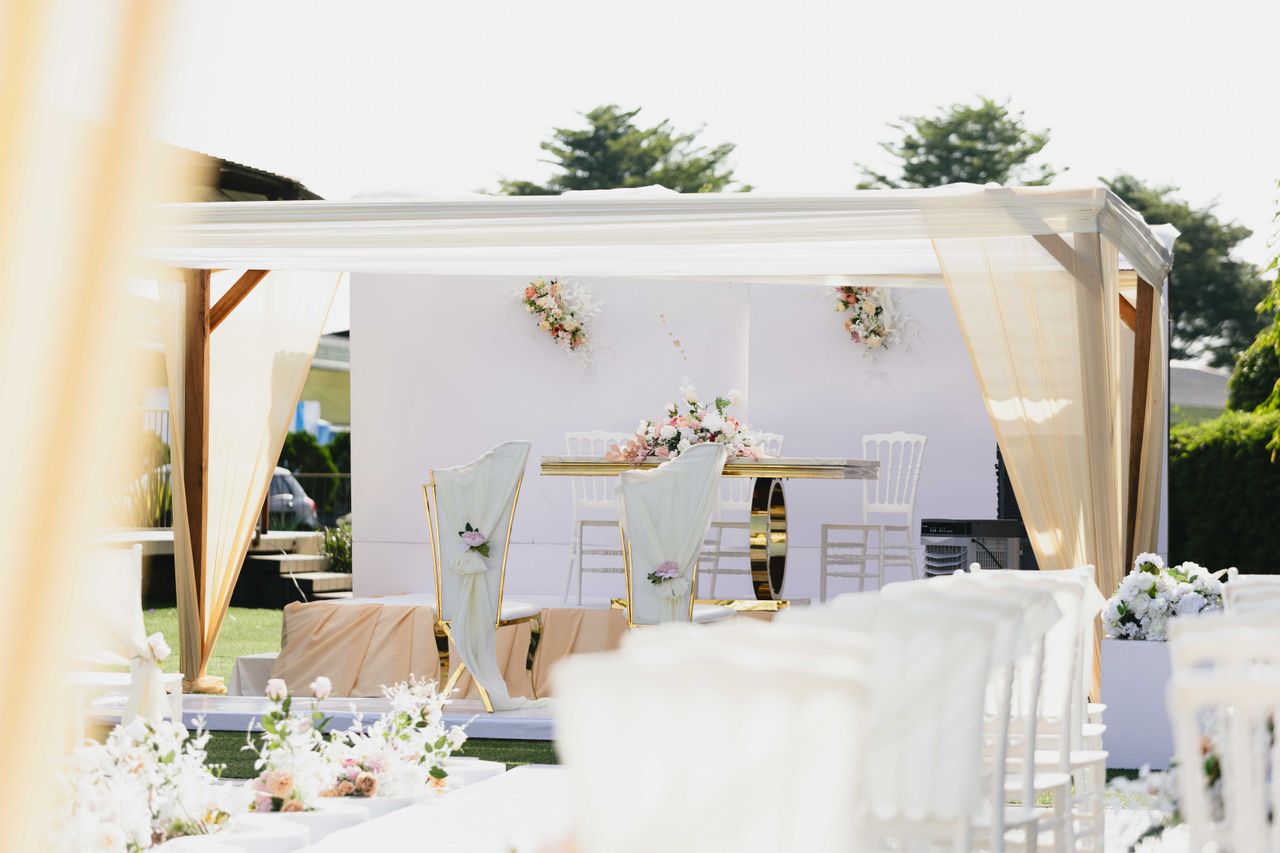 Crafting Captivating Headlines: Your awesome post title goes here Beautiful outdoor wedding ceremony setting with white and pastel-colored decor and floral arrangements.